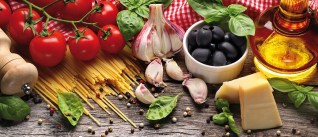 Italian food ingredients on wooden background